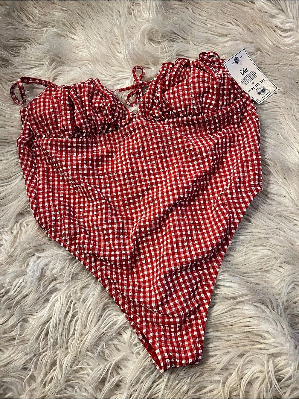 Kacey Lee Tie Neck Scoop Back One Piece Swimsuit Red & White Gingham